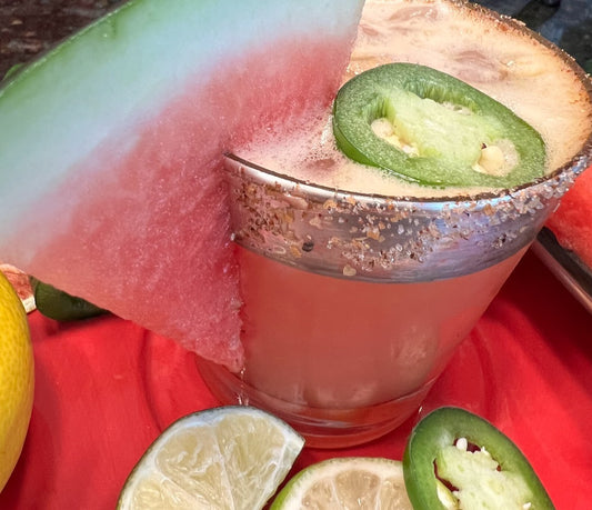 Spicy Jalapeno & Watermelon Margarita with watermelon wedge